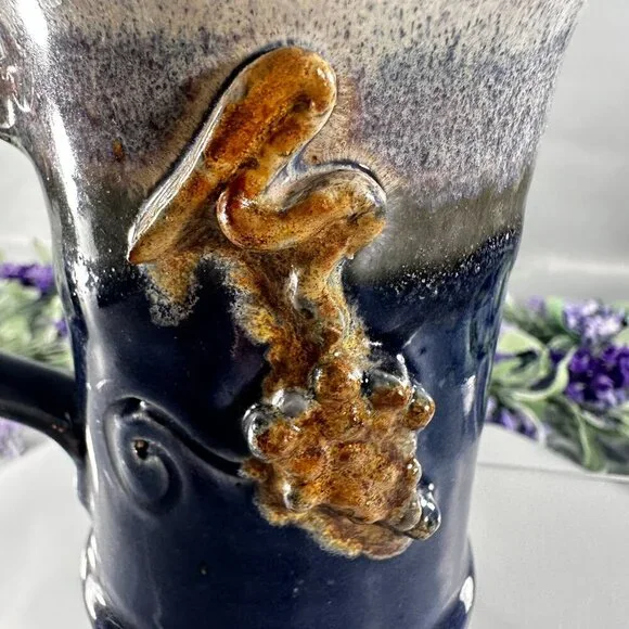 Grape Vine Mug Studio Pottery Vintage Clay Stoneware Thumb Rest Hand Cup - Picture 3 of 14